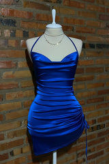 Royal Blue Feminine Bodycon Mini Satin Homecoming Dress with Spaghetti Straps
