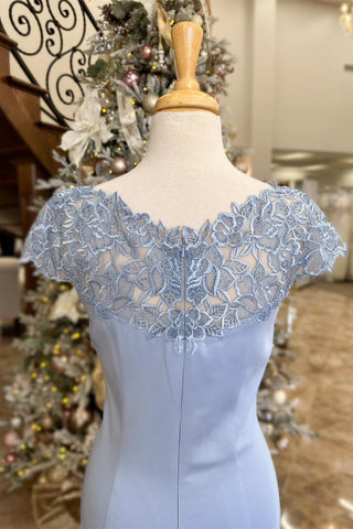 Light Blue Mermaid Lace Neck Long Mother of the Bride Dress