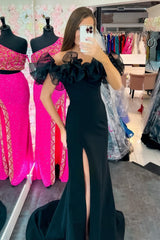 Black Off-the-Shoulder Ruffles Mermaid Long Formal Dress with Slit