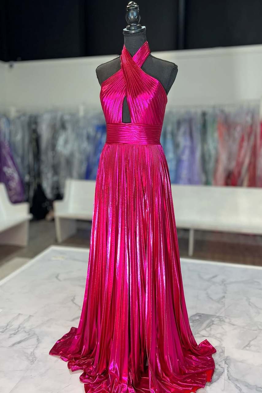 Halter Metallic Fuchsia Keyhole Ruched Long Prom Dress