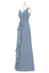 Grey Pleated Empire Cascading Ruffle Chiffon Long Bridesmaid Dress