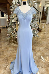 Light Blue Mermaid Lace Neck Long Mother of the Bride Dress