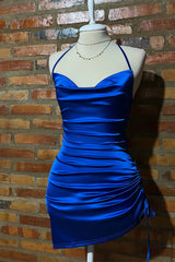 Royal Blue Feminine Bodycon Mini Satin Homecoming Dress with Spaghetti Straps