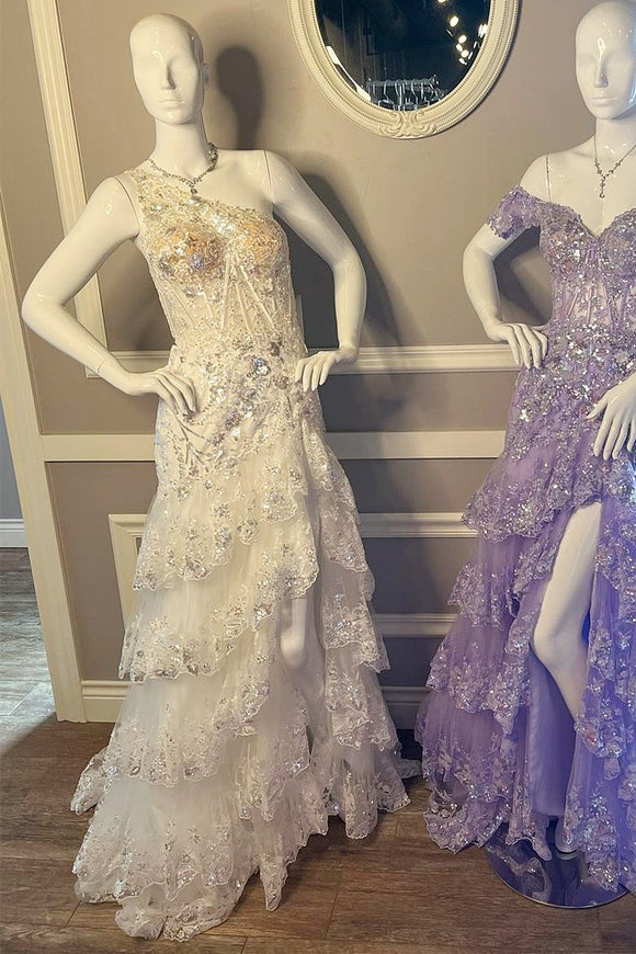 15761 Plum Tiered Sequined Lace Dress