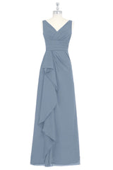 Grey Pleated Empire Cascading Ruffle Chiffon Long Bridesmaid Dress