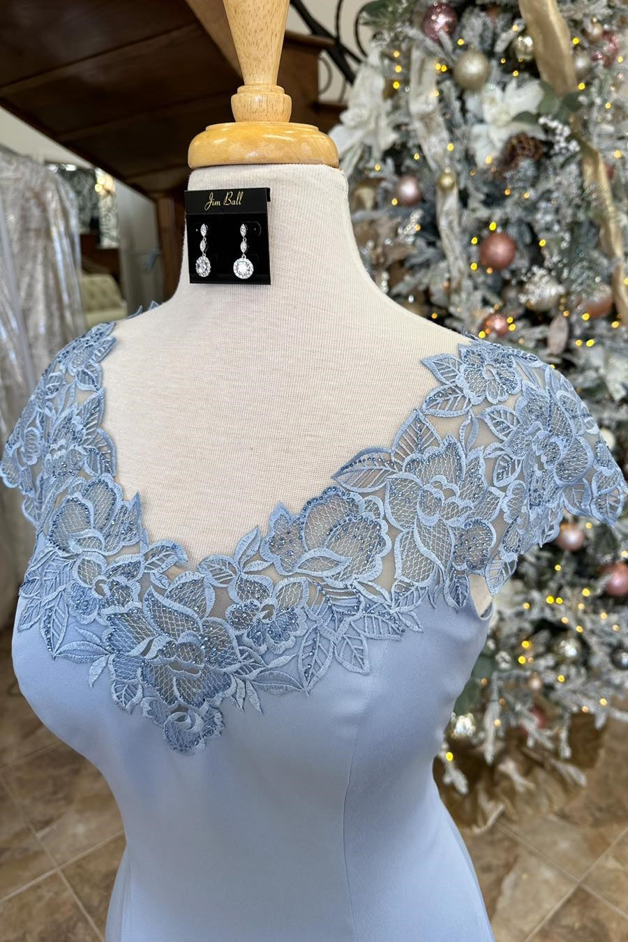 Light Blue Mermaid Lace Neck Long Mother of the Bride Dress