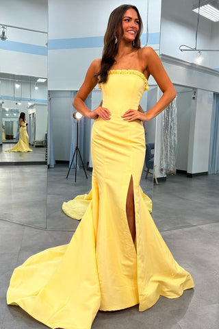 Yellow Strapless Ruffle Trumpet Long Gown with Slit