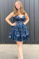 Light Blue Sequin Lace Corset A-Line Tiered Homecoming Dress