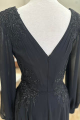 Black V-Neck Appliques A-Line Mother of the Bride Dress