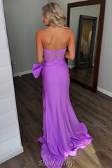Mermaid Strapless Bowknot Purple Luxury Rhinestone Prom Dress