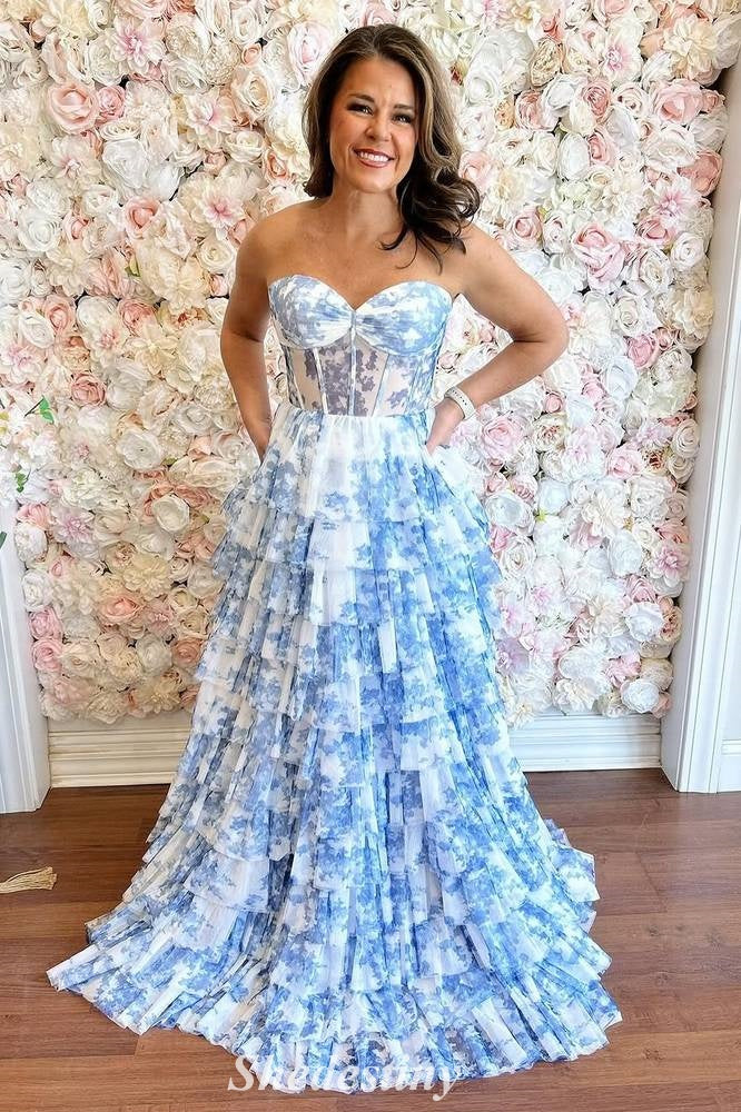 Dreamy Floral Print Blue A-Line Tiered Ruffles Prom Dress