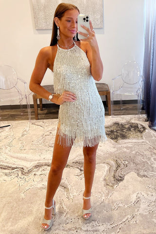 Silver Sequin Halter Short Homecoming Dress with Fringes