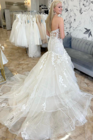 White Appliques Multi-Layer Trumpet Long Wedding Dress
