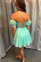 Aqua Blue Sweetheart Lace-Up A-Line Short Dress with Puff Sleeves