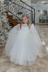 White Illusion Neck Appliques Tulle Long Flower Girl Dress