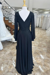 Black V-Neck Appliques A-Line Mother of the Bride Dress