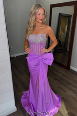 Bowknot Purple Luxury Mermaid Rhinestone Prom Dress with Strapless