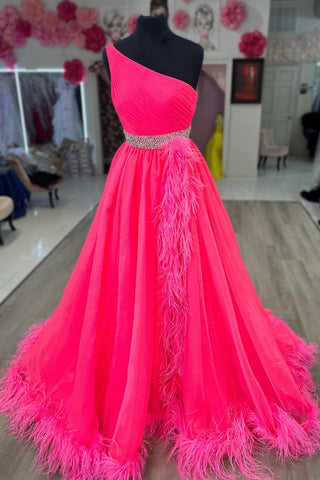 One-Shoulder Hot Pink Beaded A-Line Long Prom Dress with Feathers