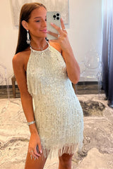 Silver Sequin Halter Short Homecoming Dress with Fringes