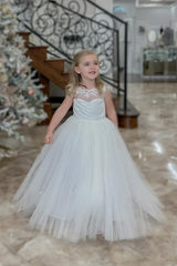 White Illusion Neck Appliques Tulle Long Flower Girl Dress