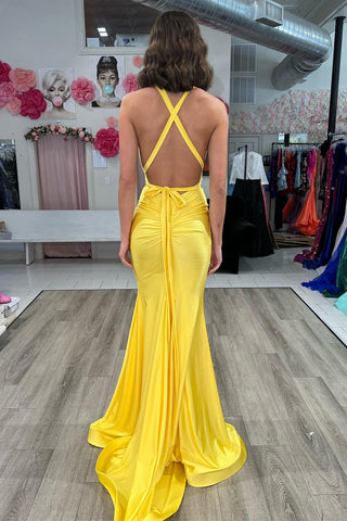 Yellow Halter Tie-Back Trumpet Long Prom Gown