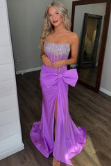 Mermaid Bowknot Purple Luxury Rhinestone Prom Dress with Strapless
