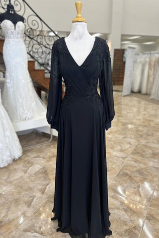 Black V-Neck Appliques A-Line Mother of the Bride Dress