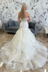 White Appliques Multi-Layer Trumpet Long Wedding Dress