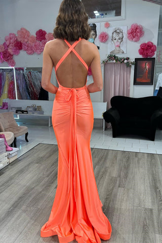 Yellow Halter Tie-Back Trumpet Long Prom Gown