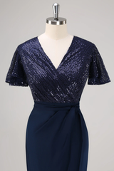 Sequin Short Sleeves Navy Wrap Neck Mother of the Bride Dress