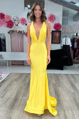 Yellow Halter Tie-Back Trumpet Long Prom Gown