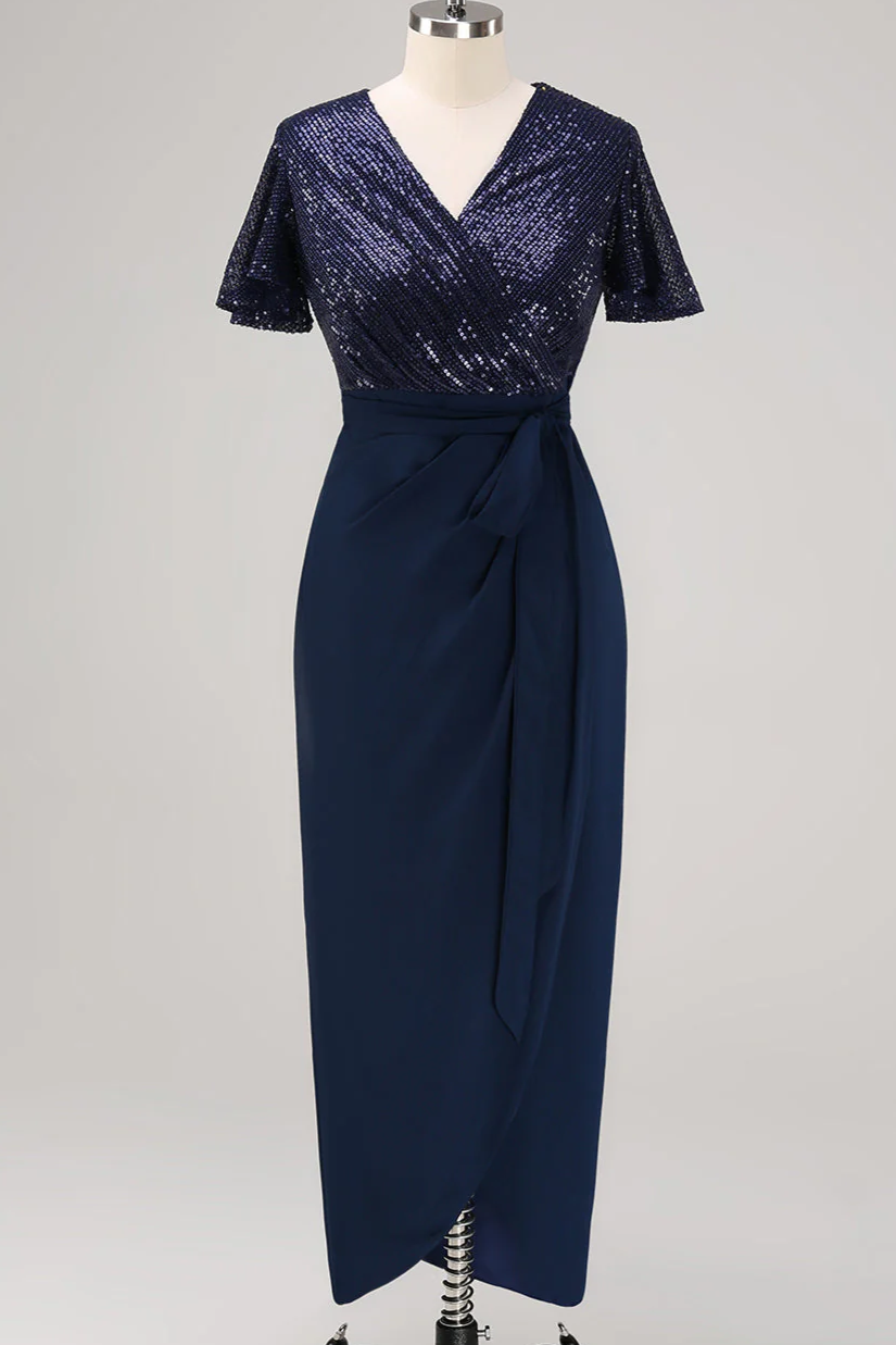 Short Sleeves Navy Wrap Neck Mother of the Bride Dress with Sequin