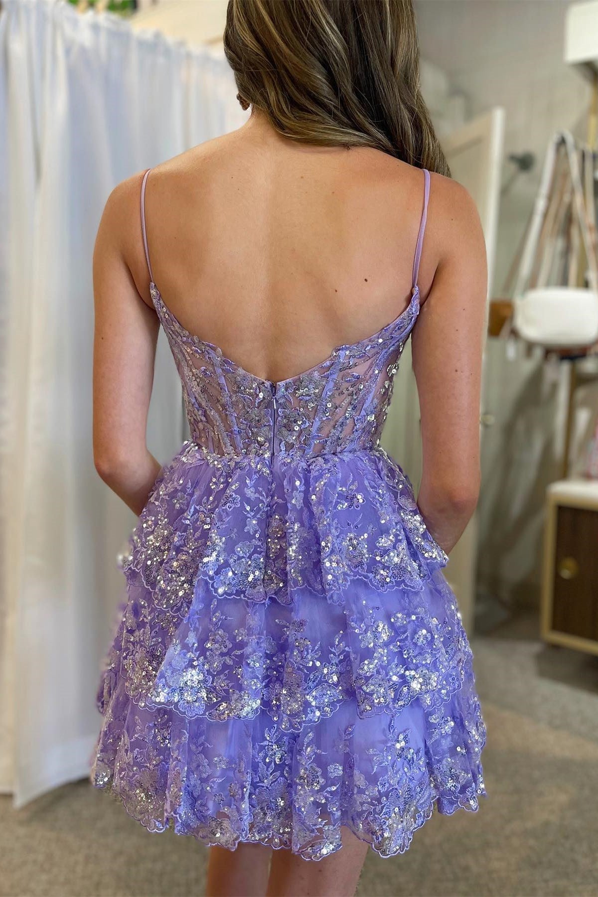 Light Blue Sequin Lace Corset A-Line Tiered Homecoming Dress