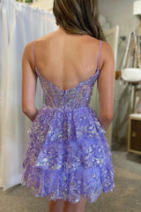 Light Blue Sequin Lace Corset A-Line Tiered Homecoming Dress