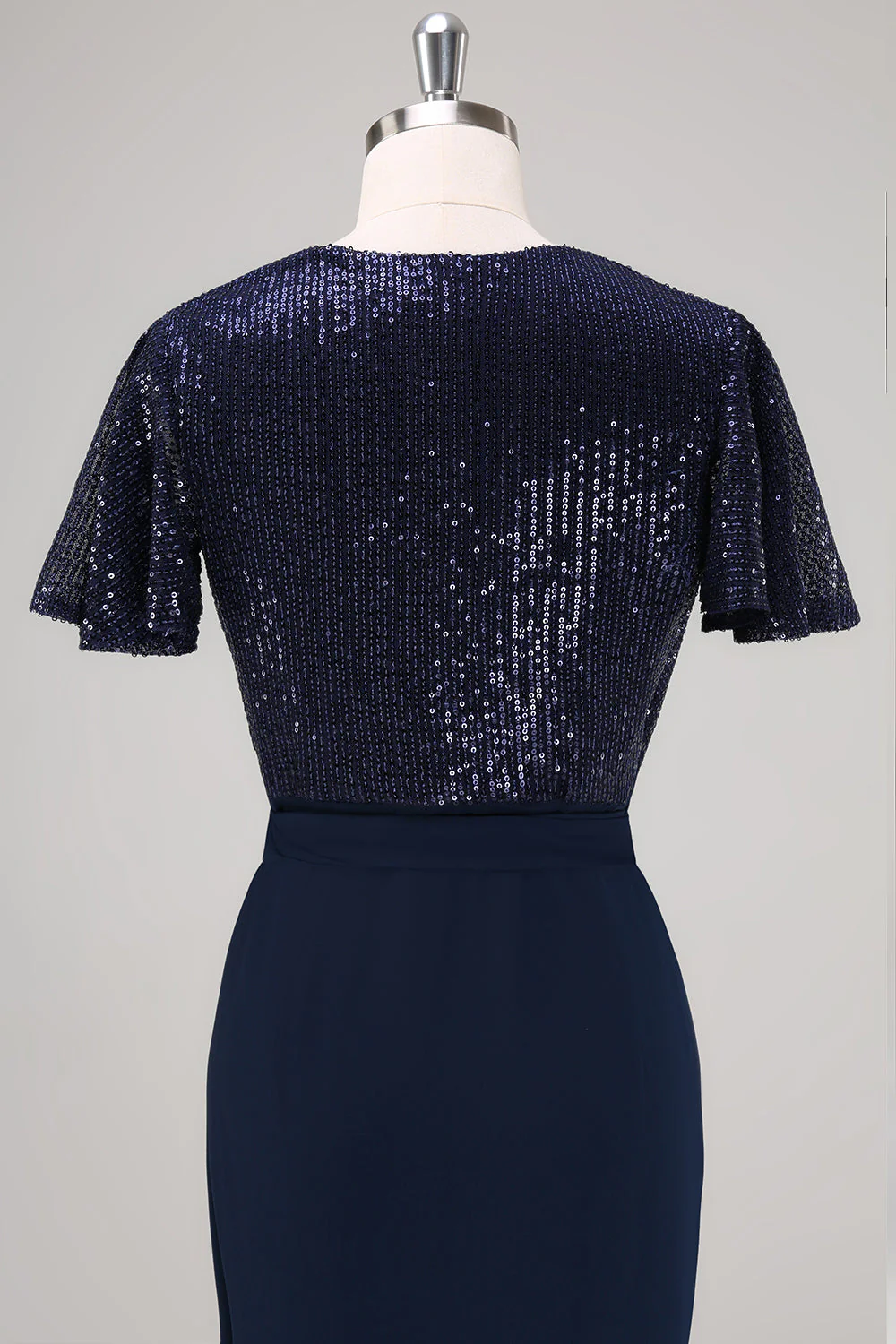 Mother of the Bride Dress with Sequin Short Sleeves Navy Wrap Neck