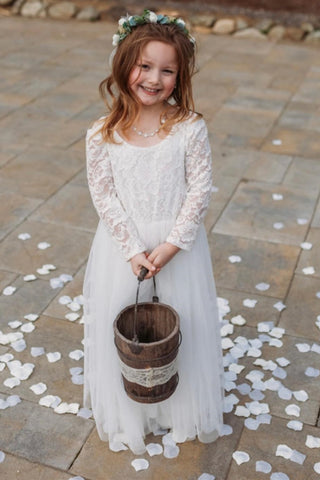 Ivory Lace Round Neck A-Line Flower Girl Dress with Long Sleeves