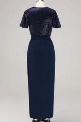 Navy Wrap Neck Short Sleeves Mother of the Bride Dress with Sequin