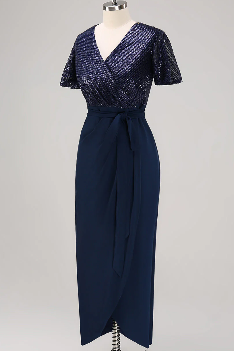 Navy Short Sleeves Wrap Neck Mother of the Bride Dress with Sequin