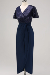 Navy Short Sleeves Wrap Neck Mother of the Bride Dress with Sequin