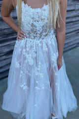 Ivory Tulle Lace Backless A-Line Long Prom Dress