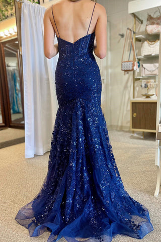 Blue Sequin Lace Spaghetti Strap Mermaid Long Formal Dress