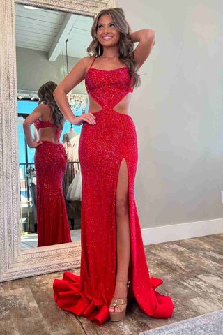 Red Cutout Spaghetti Straps Mermaid Rhinestone Long Dress with Slit