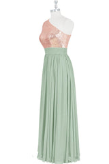 Dusty Sage One Shoulder Sequins Chiffon Long Bridesmaid Dress