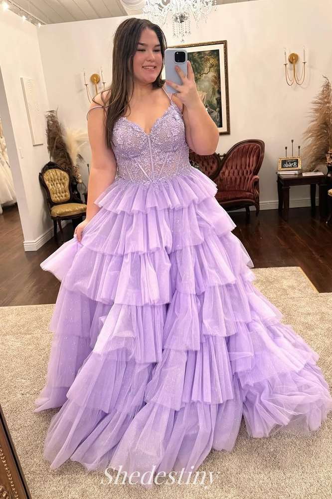 Lavender V-Neck A-Line Tiered Ruffles Ball Gown with Applique