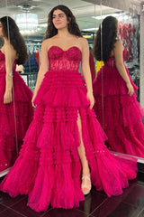 Red Tulle Sweetheart Tiered Long Prom Dress with Ruffles