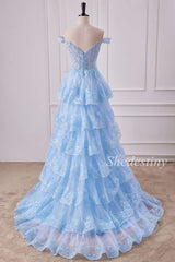 Off-the-Shoulder Light Blue Corset Ruffle Tiered Long Formal Dress