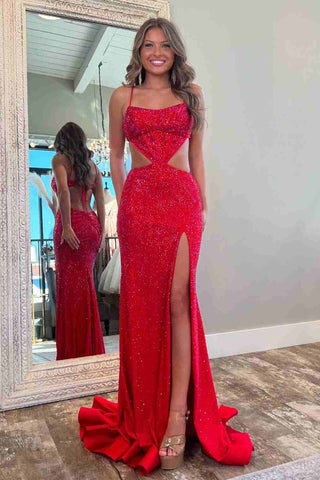 Cutout Spaghetti Straps Mermaid Rhinestone Long Dress with Slit