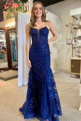 Blue Sequin Lace Spaghetti Strap Mermaid Long Formal Dress