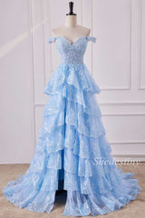 Off-the-Shoulder Light Blue Corset Ruffle Tiered Long Formal Dress