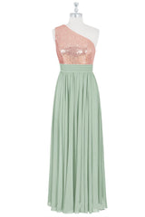 Dusty Sage One Shoulder Sequins Chiffon Long Bridesmaid Dress